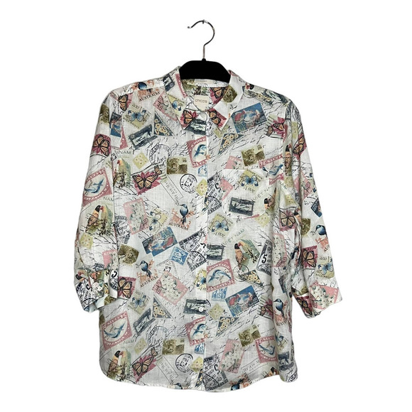 Chico's Tops - Chico's 100% Linen Novelty Print Button Up Size Medium Vacation Passport Travel